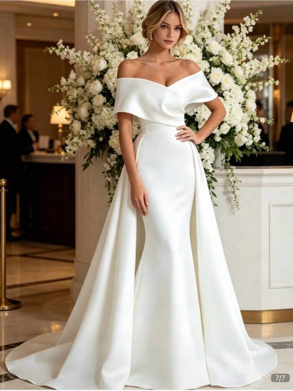 Elegant Off-Shoulder White Satin Evening or Wedding Dress